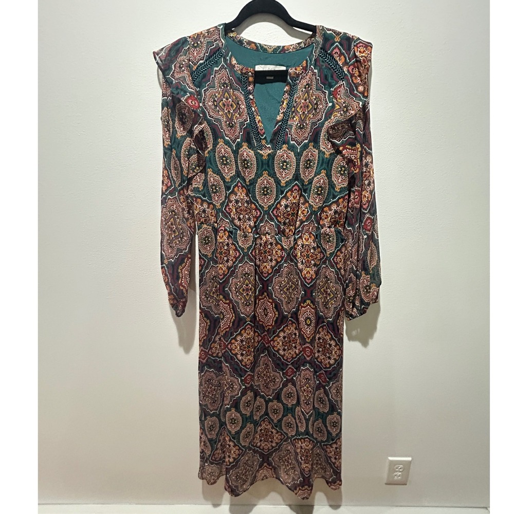 LOFT Midi Dress Chiffon Paisley Ruffle Shoulder Boho Chic Teal Orange Large